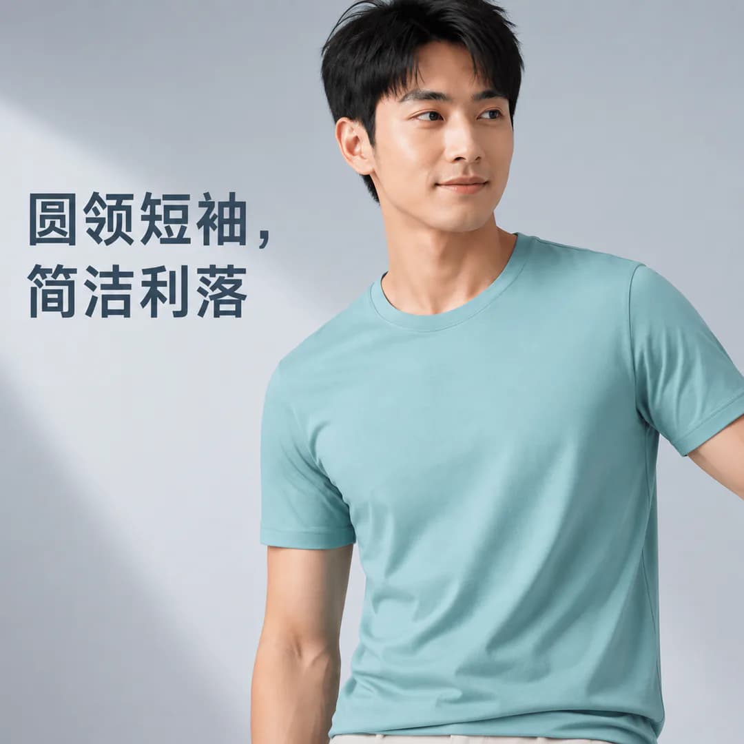 AI 生成的冰感棉质 T 恤主图:圆领与短袖结构