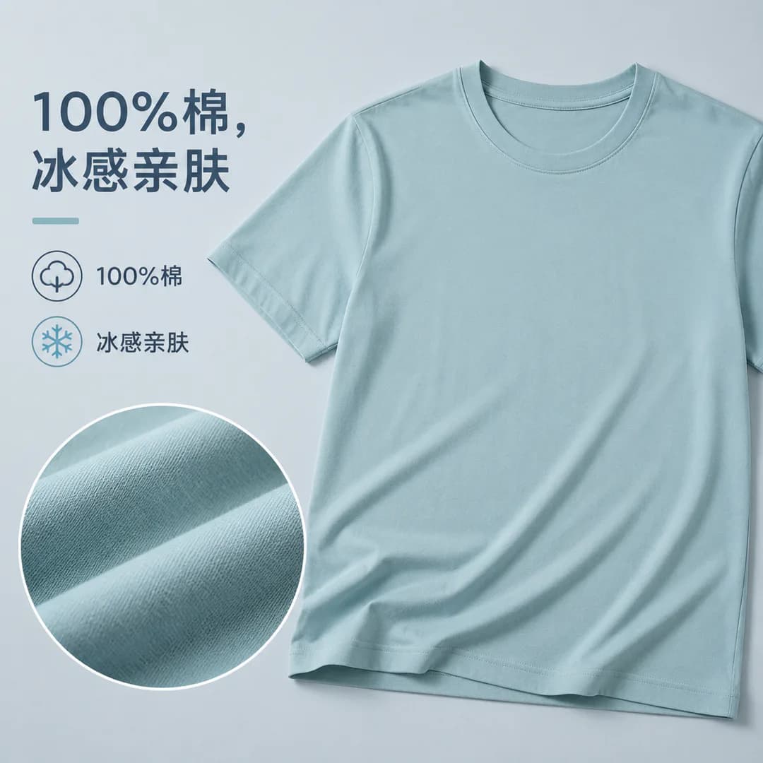 AI 生成的冰感棉质 T 恤主图:100%棉与冰感亲肤材质信息