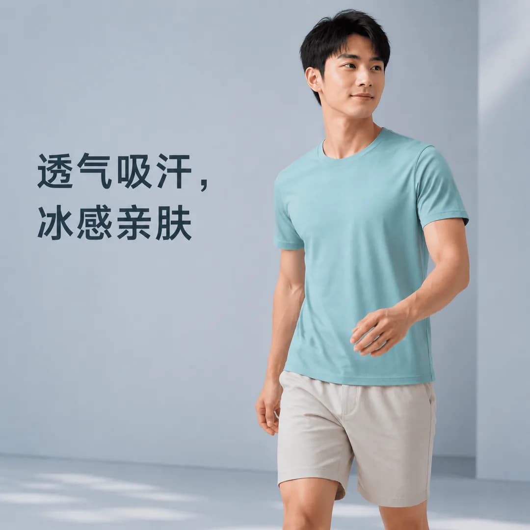 AI 生成的冰感棉质 T 恤主图:透气吸汗的自然穿着状态