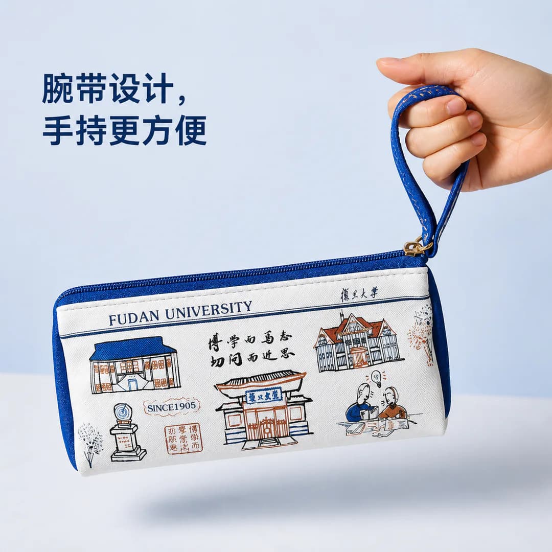AI 生成的复旦校园主题笔袋主图:腕带手持关系