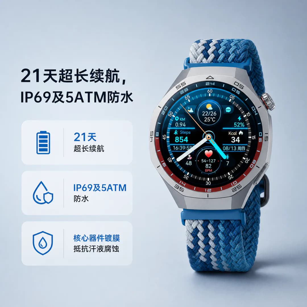 GT 智能手表生成主图 4:21天超长续航,IP69及5ATM防水